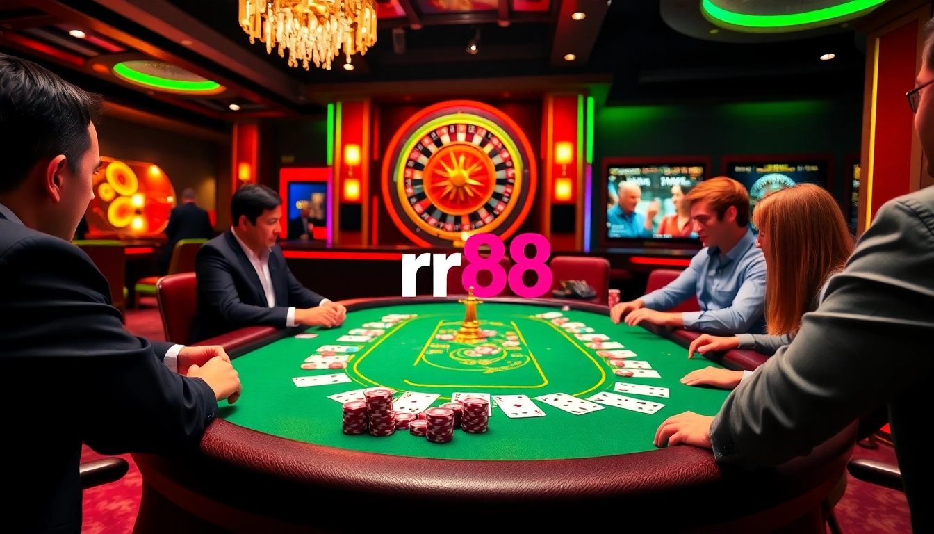 Gamblers enjoying a dynamic poker game at rr88 com, featuring vibrant chips and professional setup.