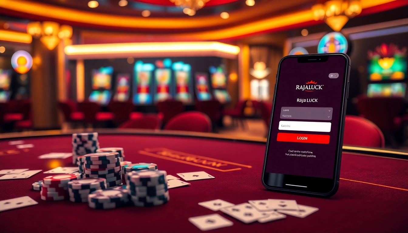Experience seamless gameplay with raja luck login on a luxurious casino interface featuring vibrant slot machines.
