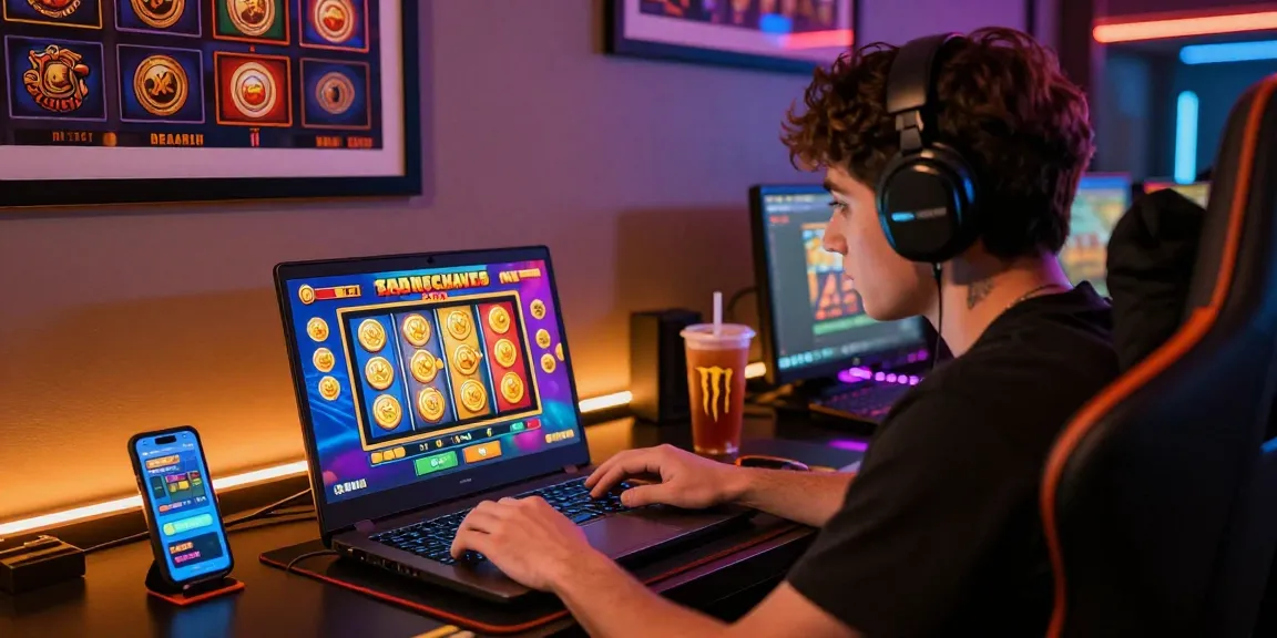 Engaging with colorful bonus buy slots in an immersive online casino gaming setup.