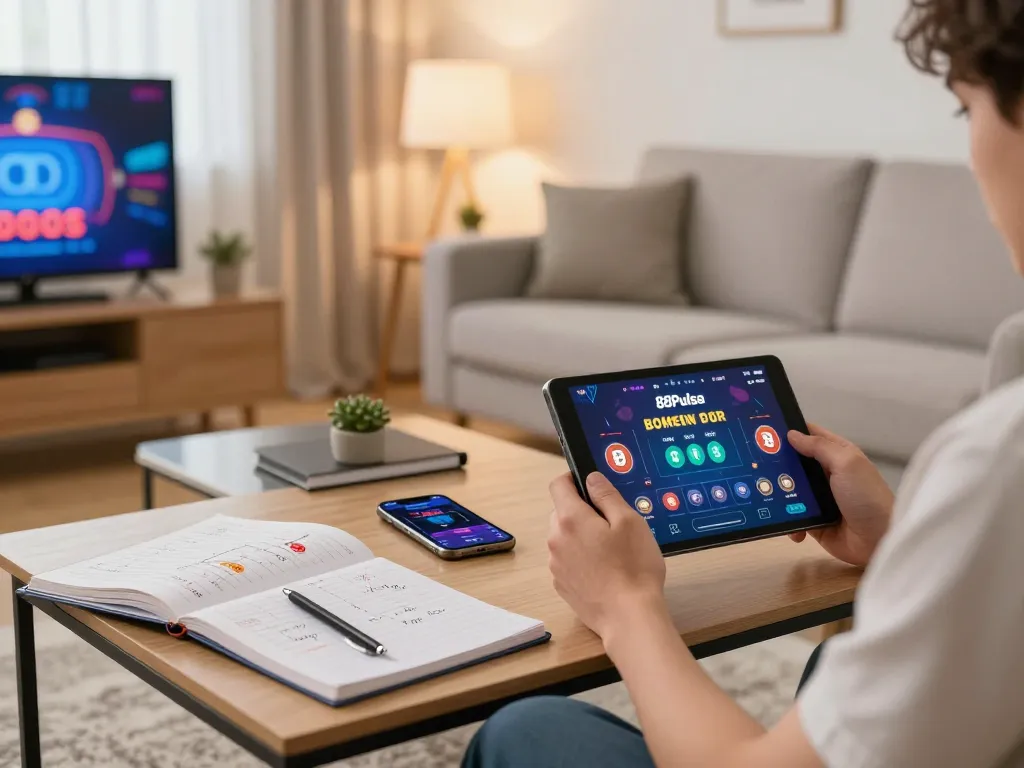 Pemain yang terlibat menjelajahi permainan online 88Pulsa dalam suasana rumah yang nyaman, menampilkan atmosfer permainan yang strategis