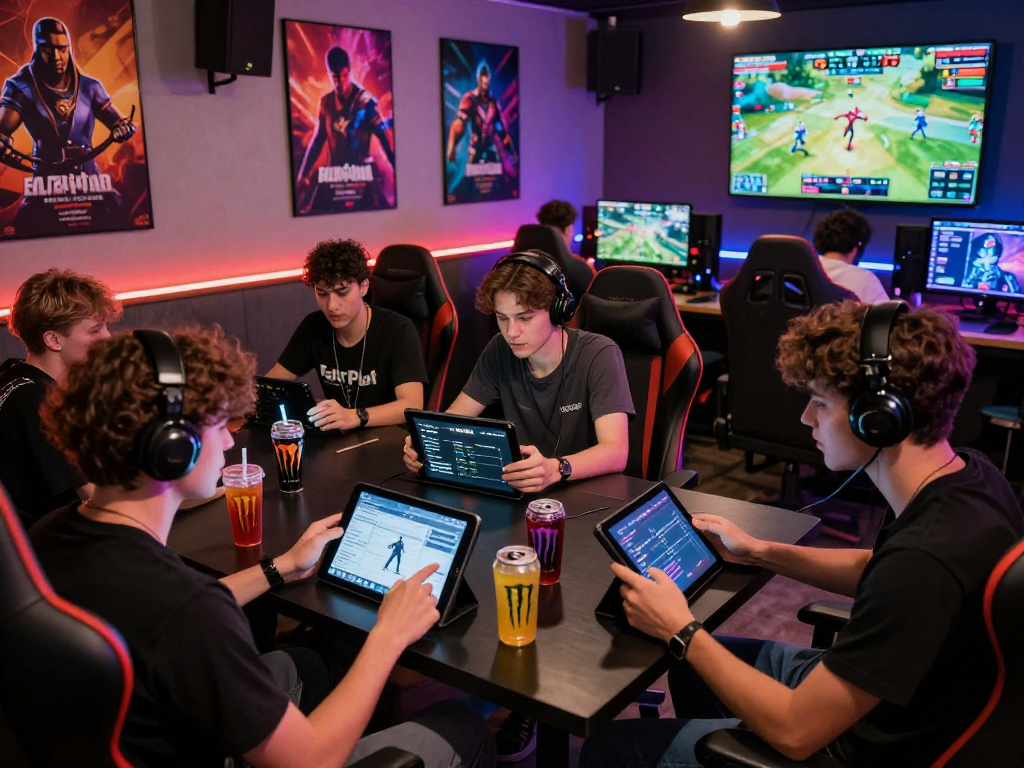 Friends enjoying gaming with the FairPlay app in a vibrant lounge, showcasing strategy discussions amidst colorful gaming decor.