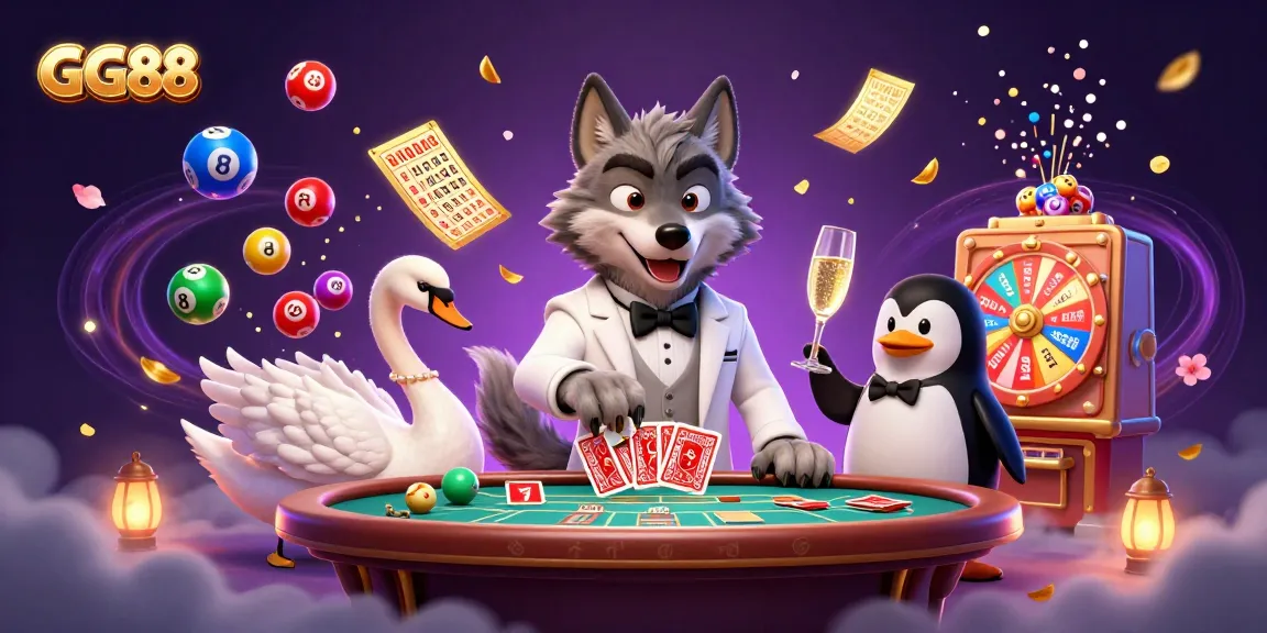 Experience captivating gaming with GG88 as a debonair wolf and colleagues engage at a lively baccarat table.