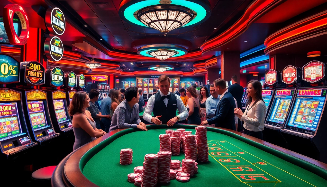 Exciting B52club gambling scene with players at a poker table and vibrant casino lights.