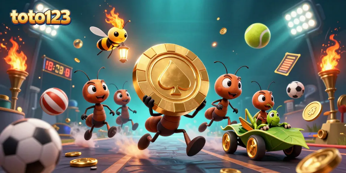 Toto123 players analyze strategies using a vibrant casino scene with gold coins and dynamic sports elements.