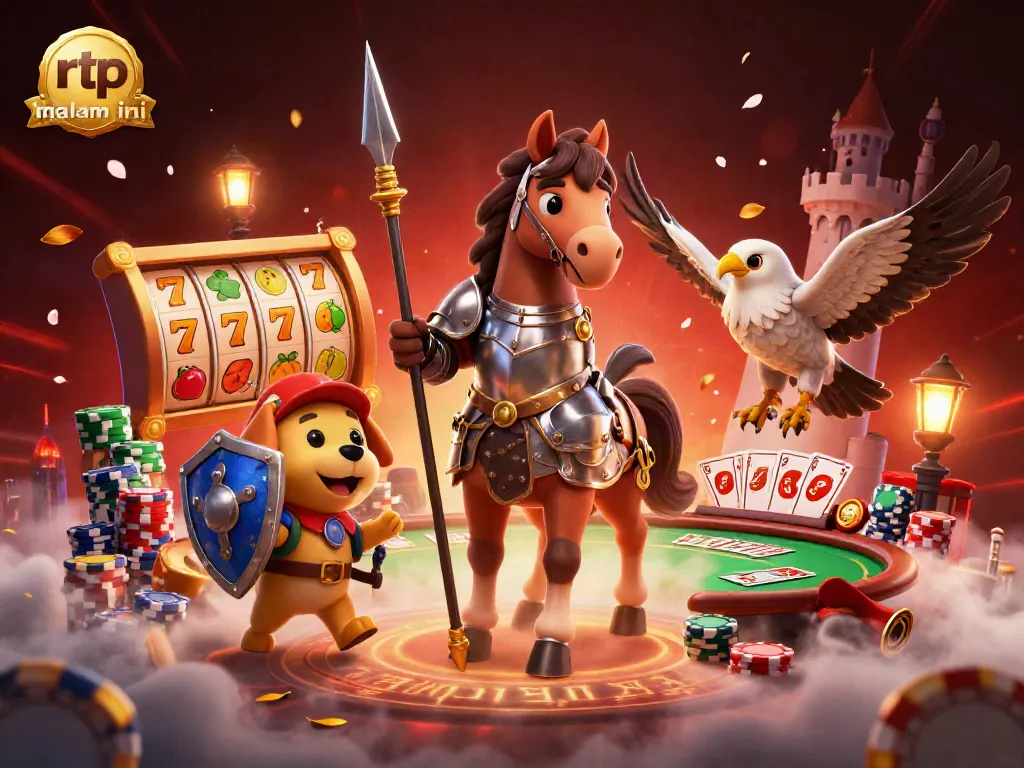 Spin to win with rtp malam ini! Engaging 3D scene featuring a knight and poker elements.