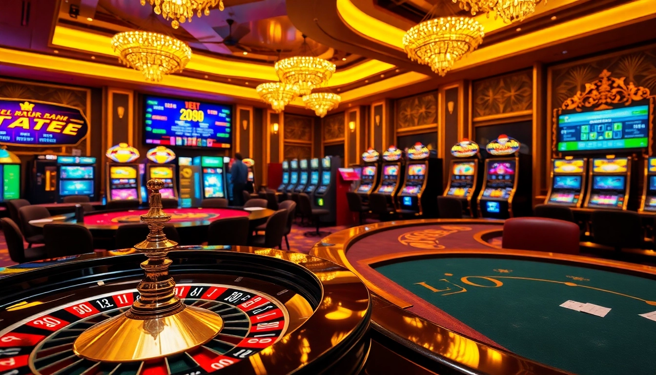 Keluaran HK results displayed amid an exciting casino environment with poker tables and roulette wheels.