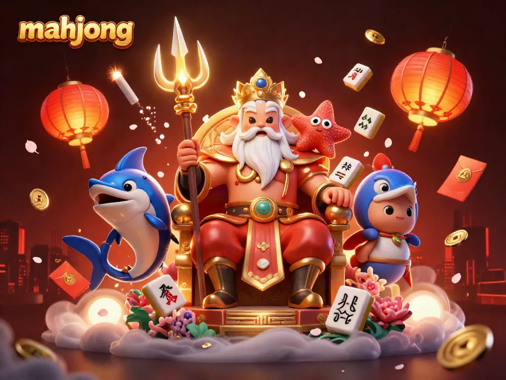 Menangkap momen permainan mahjong dengan karakter kerajaan laut dan elemen mengasyikkan.