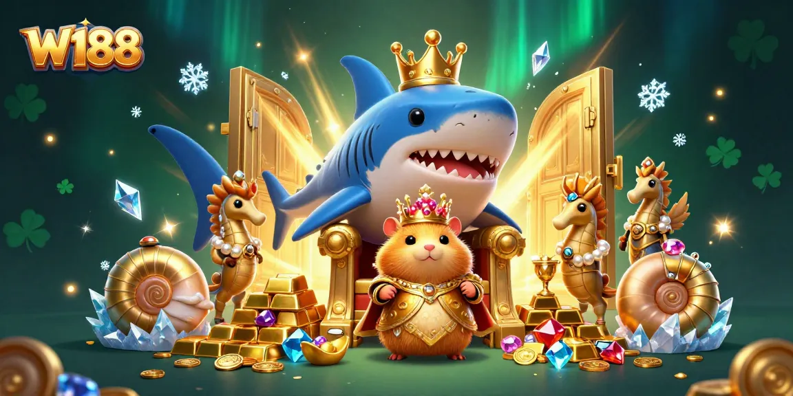 Engage with W188's vibrant casino world featuring a golden hamster king and seahorse guards.