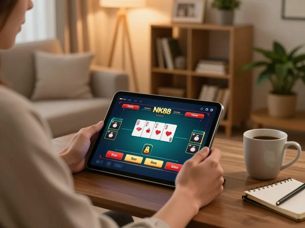 Engaging in poker gameplay on NK88 through tablet in a cozy home setting.