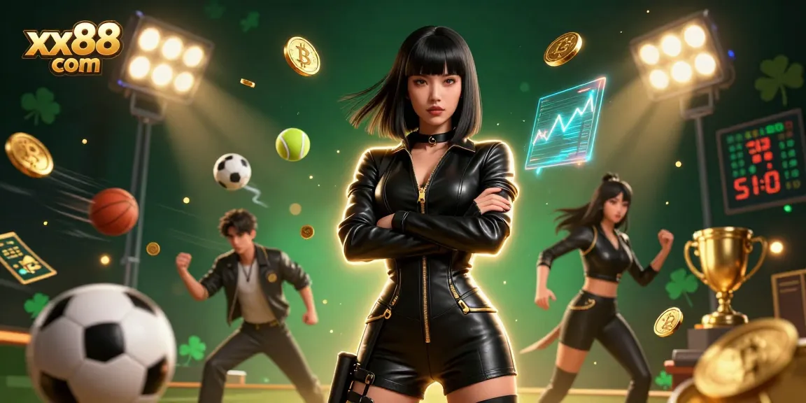 Experience thrilling gameplay at xx88 com with a stunning Asian woman in a dynamic casino scene filled with gold coins and sports elements.