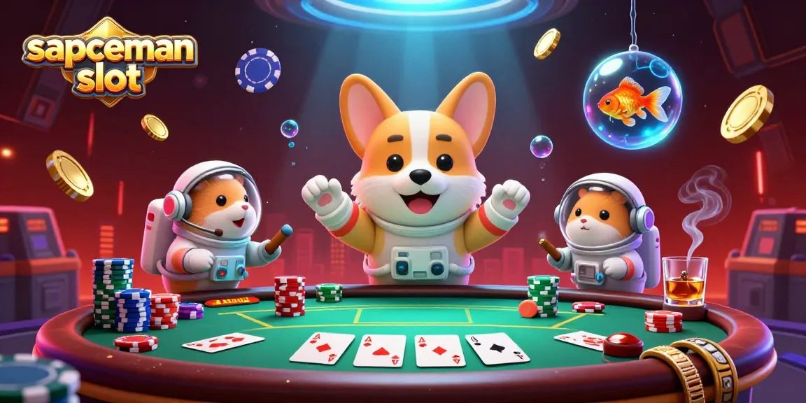 Engage with sapceman slot in a vibrant 3D casino scene featuring a lively astronaut corgi.