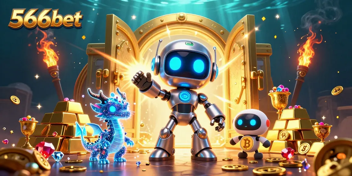 Engage with 566bet’s thrilling atmosphere featuring a neon robot amidst treasure and digital magic.