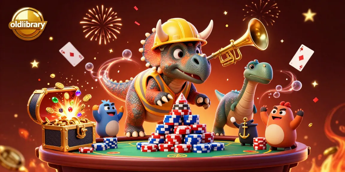 Engage in exciting gameplay at oldlibrary with a triceratops building poker chips, surrounded by casino celebrations.