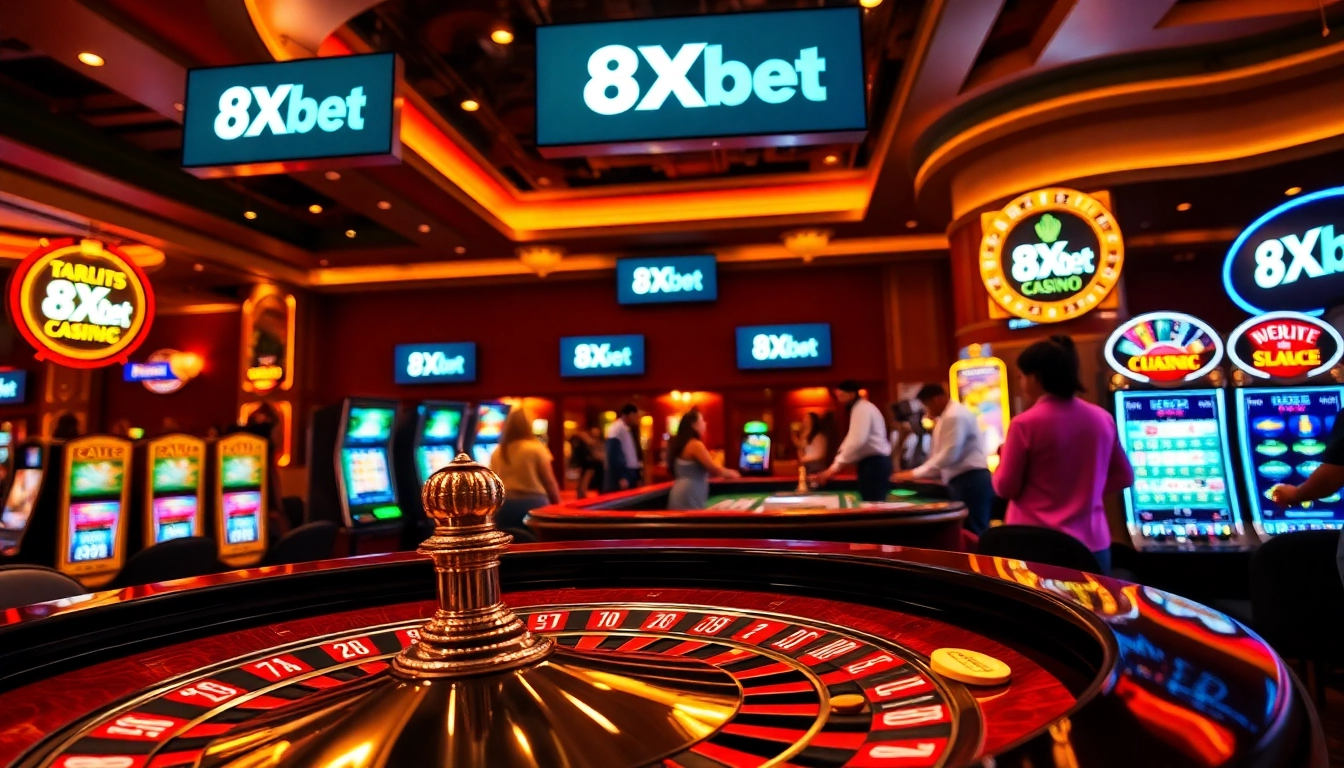 Engage with thrilling gaming at 8Xbet, featuring a luxurious roulette table and vibrant slot machines.