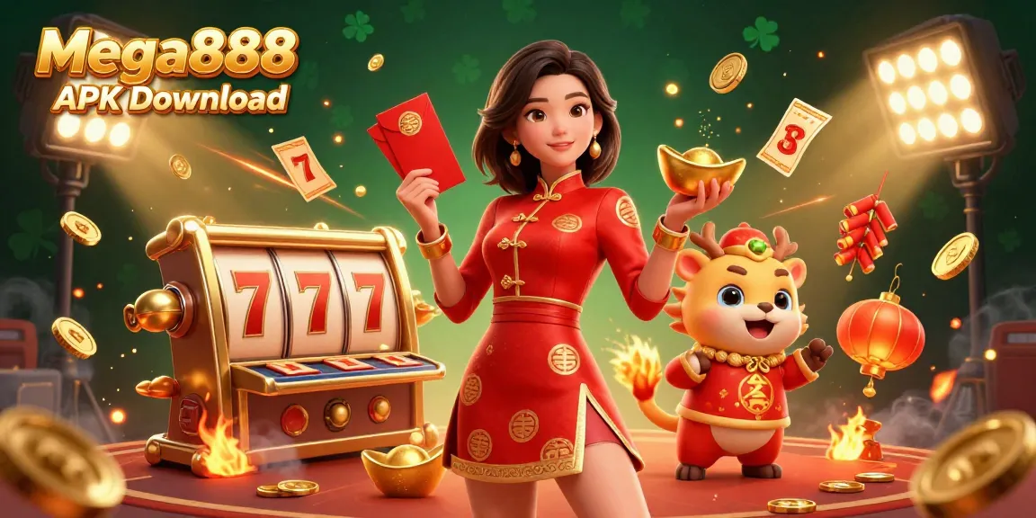 Play Mega888 APK Download with excitement as vibrant characters celebrate with iconic casino elements in a colorful scene.