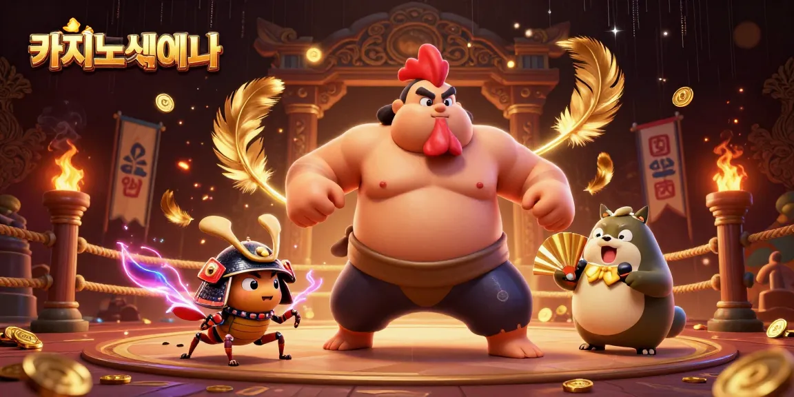 카지노사이트에서 파워풀한 일본 전통 복장을 한 3D 닭sumo 레슬러가 발 구르기를 하며, 전투를 준비하는 모습입니다.