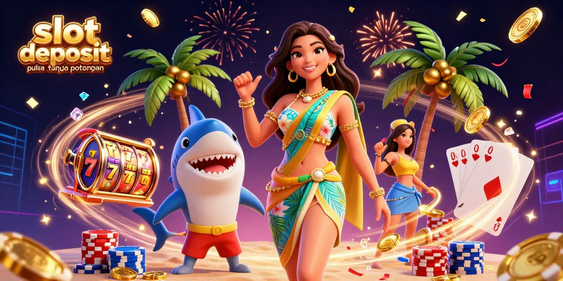Get ready to win big with slot deposit pulsa tanpa potongan, featuring lucky symbols and vibrant casino elements.
