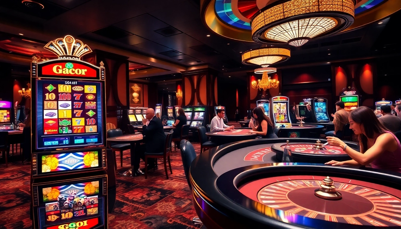 Players winning on the gacor slot machine, showcasing excitement and luxury in a casino environment.
