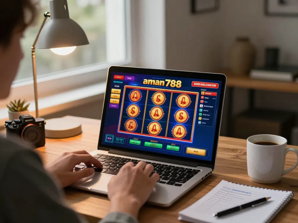 Terlibat dalam permainan slot online aman788 di laptop dalam pengaturan rumah yang nyaman dengan catatan taruhan strategis