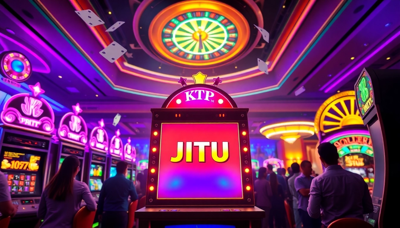 Engage with KTP JITU's exciting online slots as players aim for jackpots amidst colorful casino visuals.