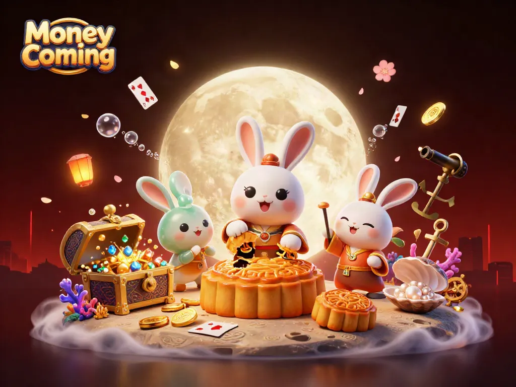 เกม Money Coming ถูกสร้างด้วยภาพประดับด้วยเหรียญทองและการ์ดที่ลอยอยู่