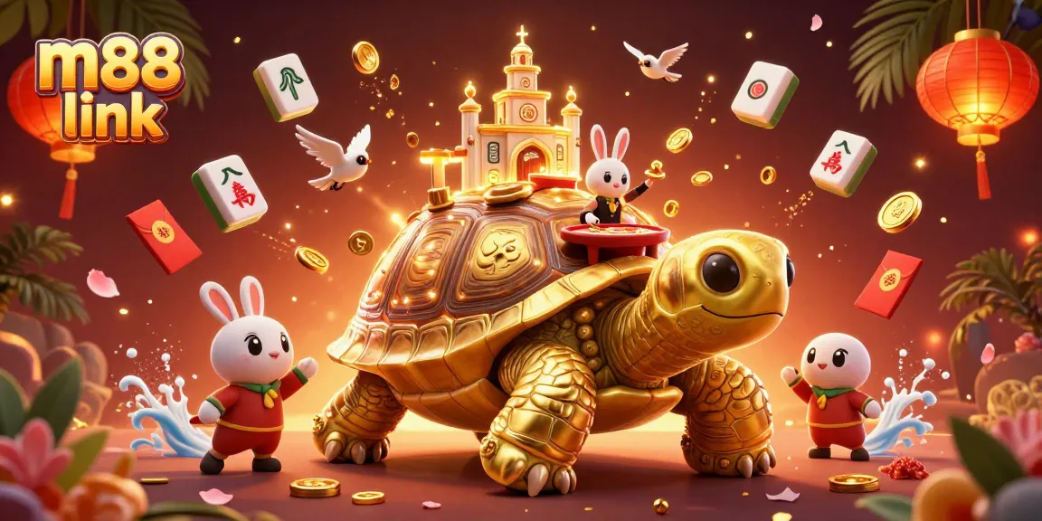 Win big with m88 link in this vibrant casino scene featuring a golden tortoise and rabbit dealer.
