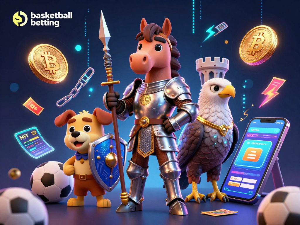 Engage in basketball betting excitement with a dynamic illustration of a miniature knight and squire amidst sports themes.