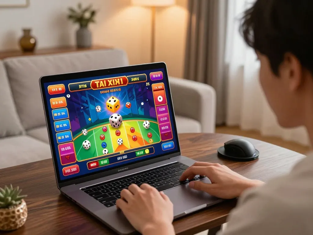 Engaged player enjoying tai xiu online gameplay on laptop with colorful interface.