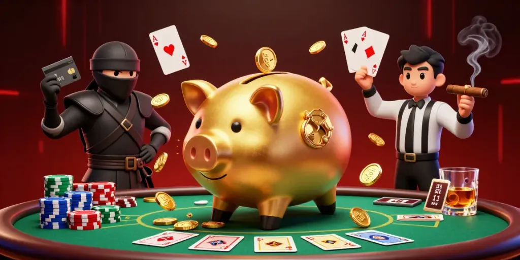 Janda4d menghidupkan suasana kasino dengan ilustrasi sumo piggy bank dan kartu poker.