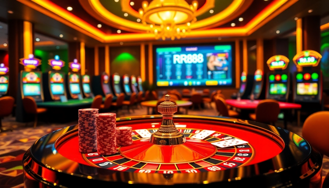 Experience high-stakes action at RR88 with colorful casino tables and vibrant online gaming interfaces.