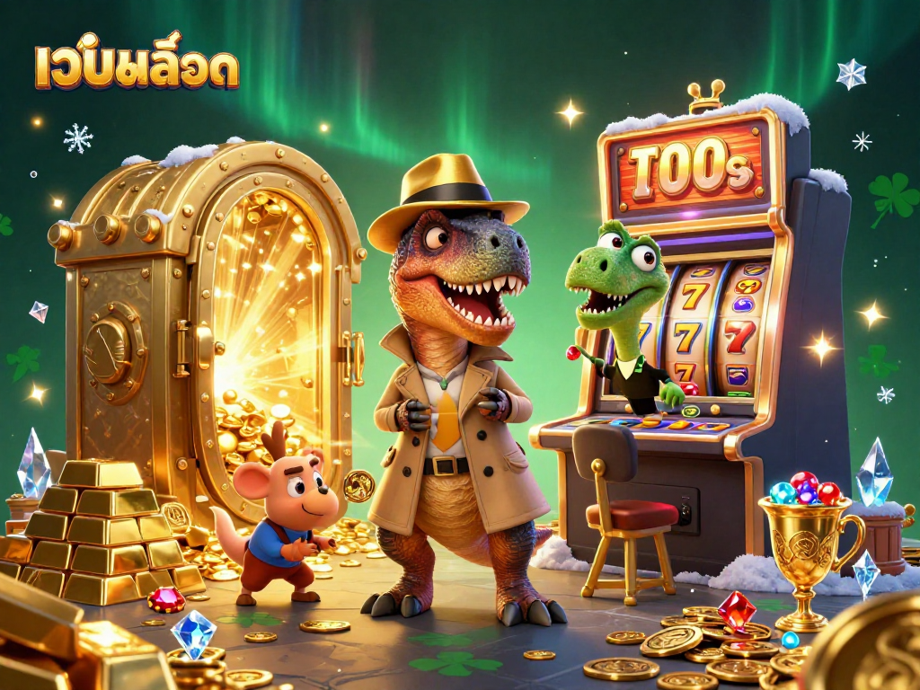 Experience thrilling เว็บสล็อต action with a velociraptor at a slot machine, surrounded by gold and gems.