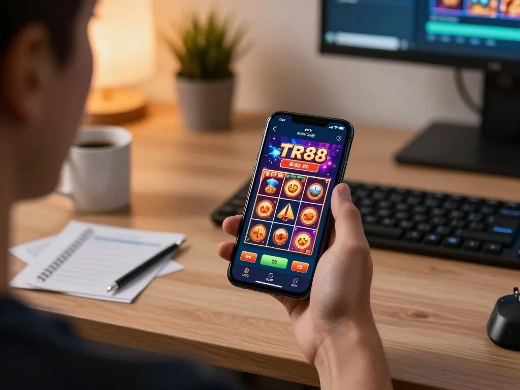 Engaging in casino action with TR88 apk on smartphone, showcasing vibrant online gaming experience