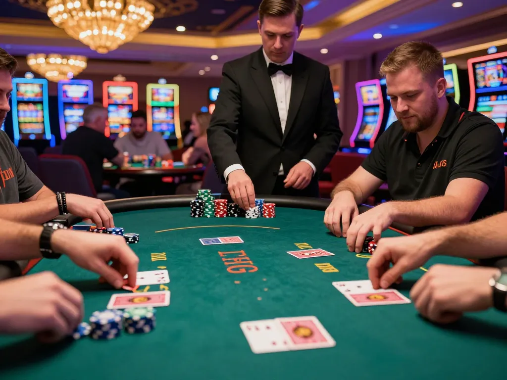Players engaging in a Texas Hold'em game at a lively Vegas casino portrayed by ww88com, showcasing skill and excitement.