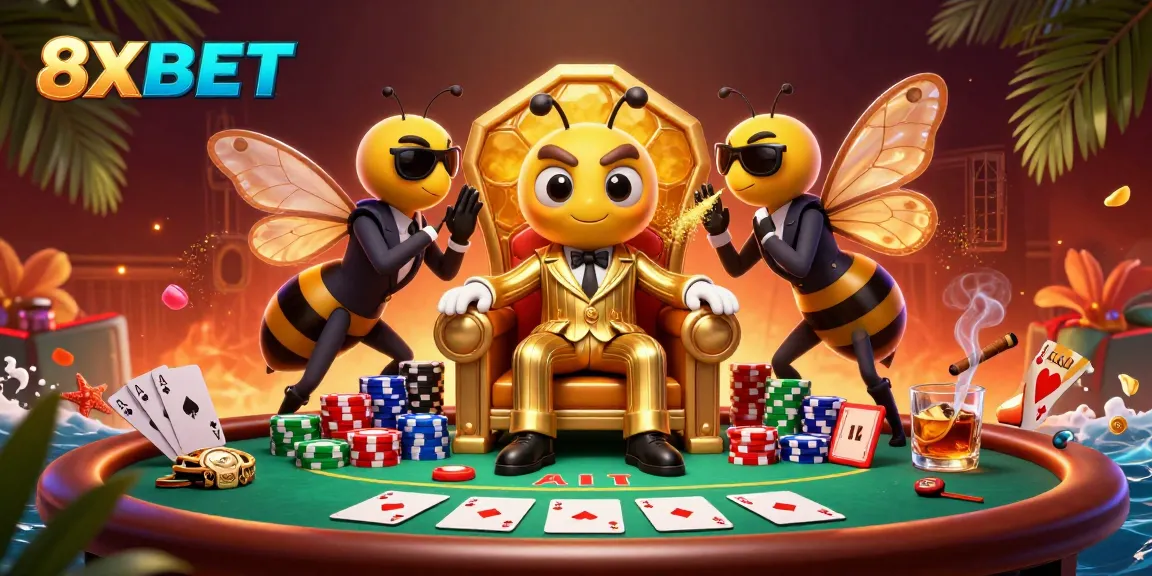 Experience thrilling wins with 8XBET at a vibrant casino scene filled with poker action and charming characters.