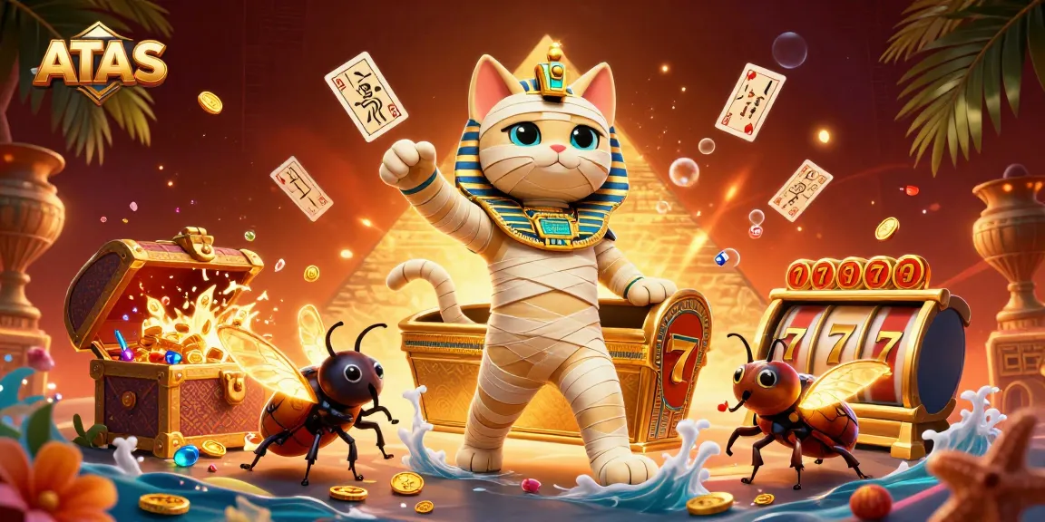 Engage with ATAS, a dynamic casino illustration featuring Egyptian elements and vibrant game motifs.