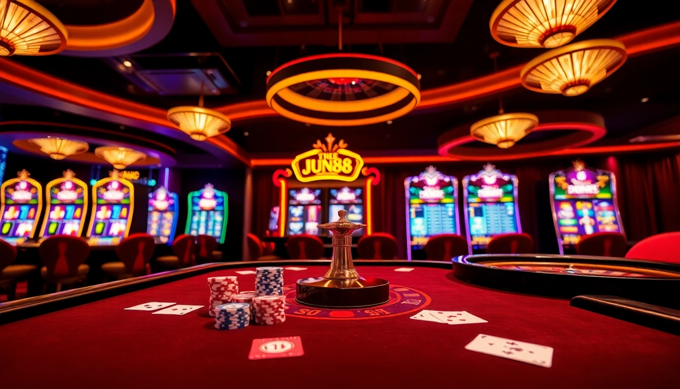 Experience the excitement of Jun88 with vibrant casino tables and immersive gaming elements.