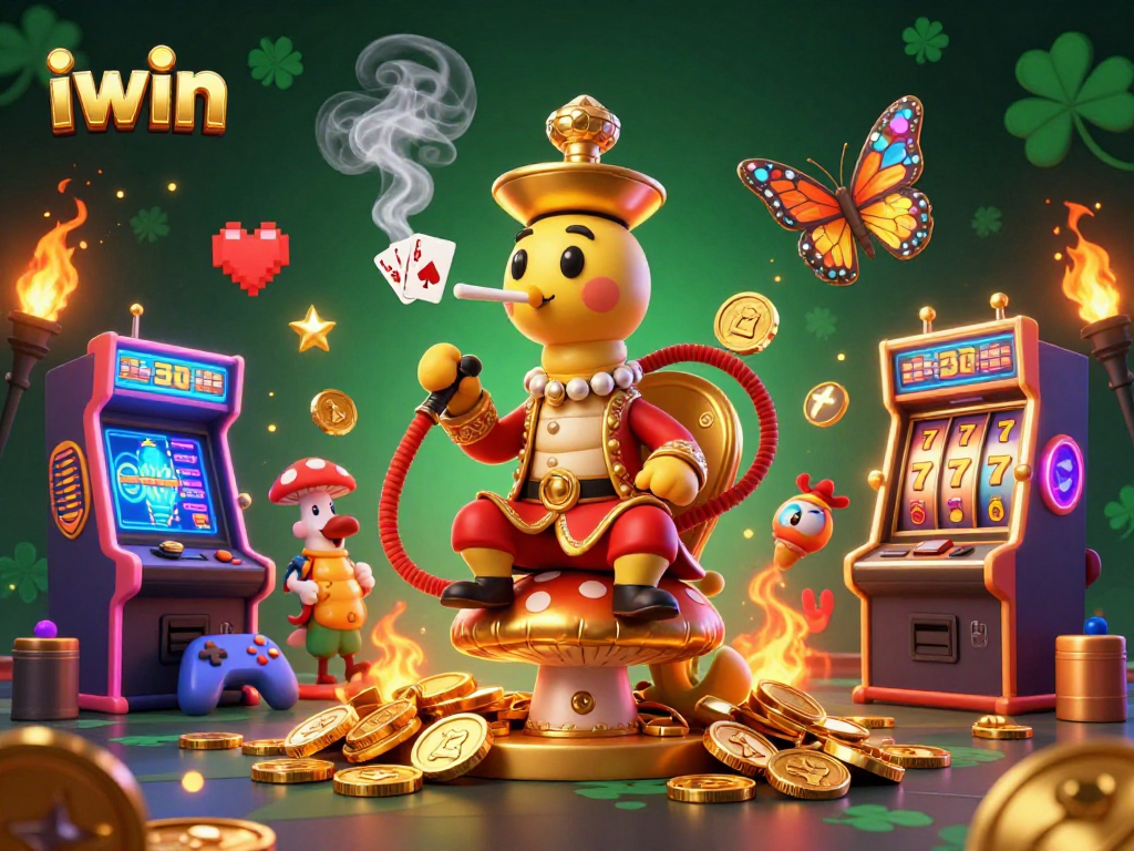 iwin casino illustration showcasing vibrant characters, slot machine action, and gaming elements.