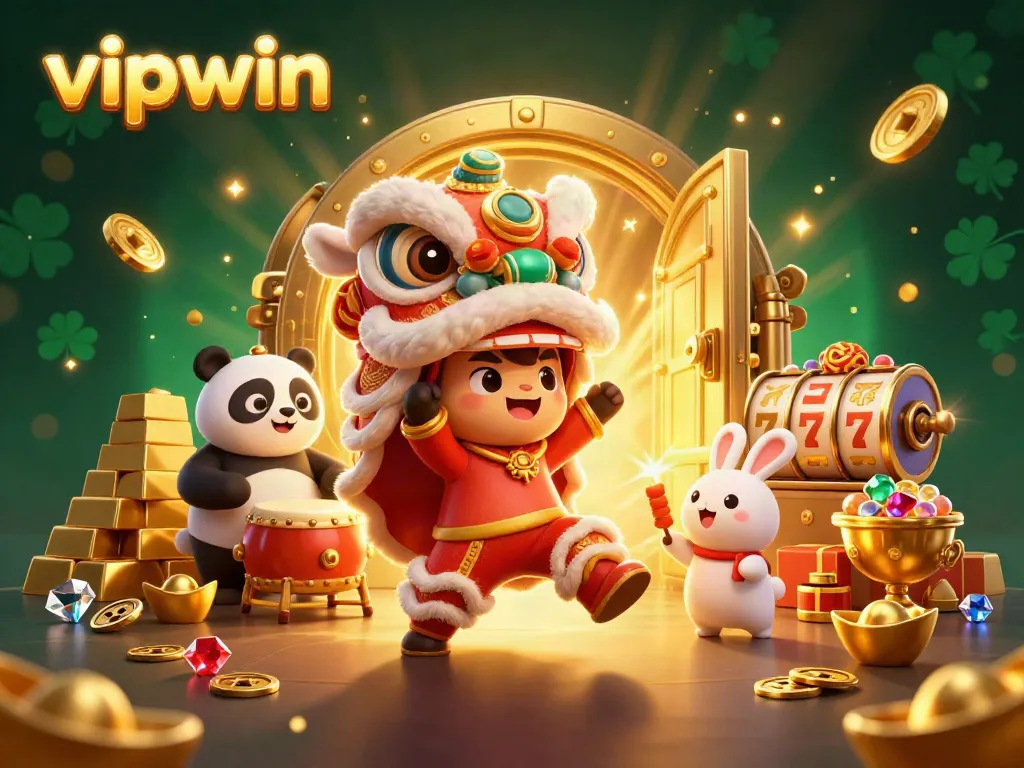 Experience the excitement of vipwin with a vibrant 3D scene showcasing festive characters and gold treasures.