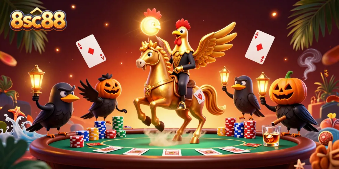 Engage with 8sc88 for immersive gaming featuring the golden rooster character in a vibrant casino scene.