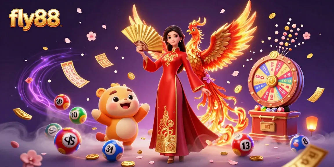 Experience thrilling moments at fly88 with dynamic lottery elements and a mesmerizing phoenix illustration.