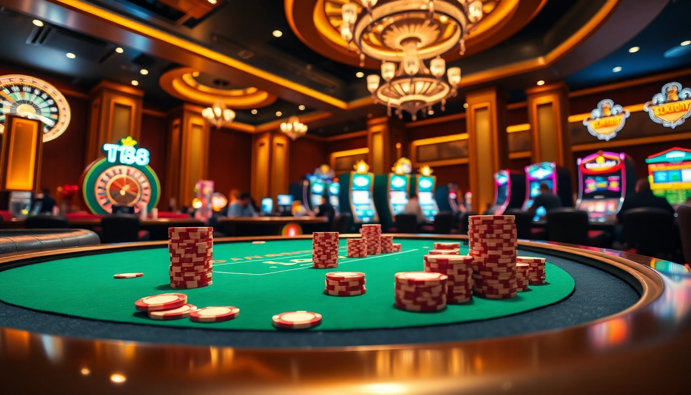 TT88 players engaging in exciting casino games under opulent golden lighting.