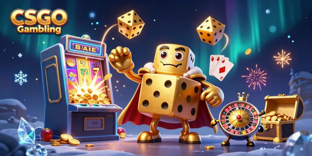 Experience exciting CSGO Gambling with a colorful scene of dice, slot machines, and gaming elements.