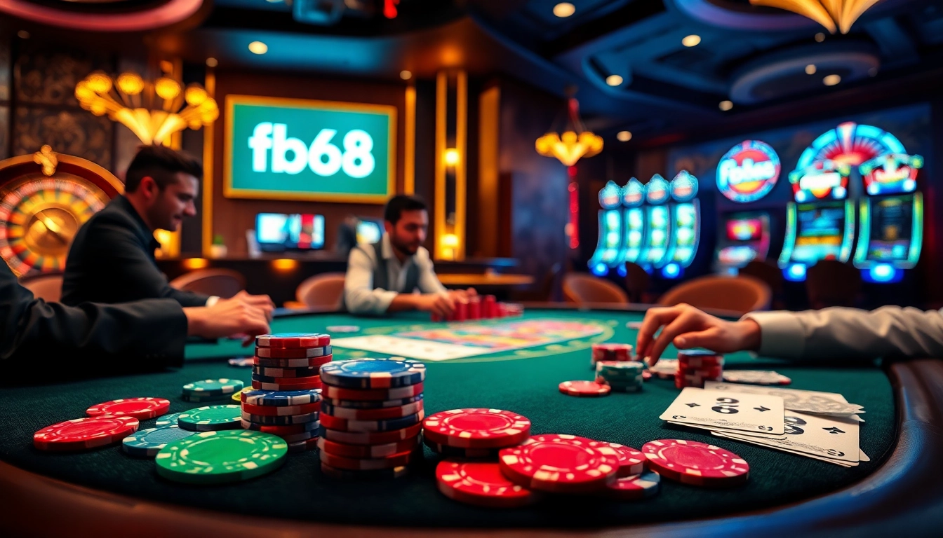 High-stakes gaming scene showcasing Fb68 at a luxury casino with poker chips, cards, and roulette elements.