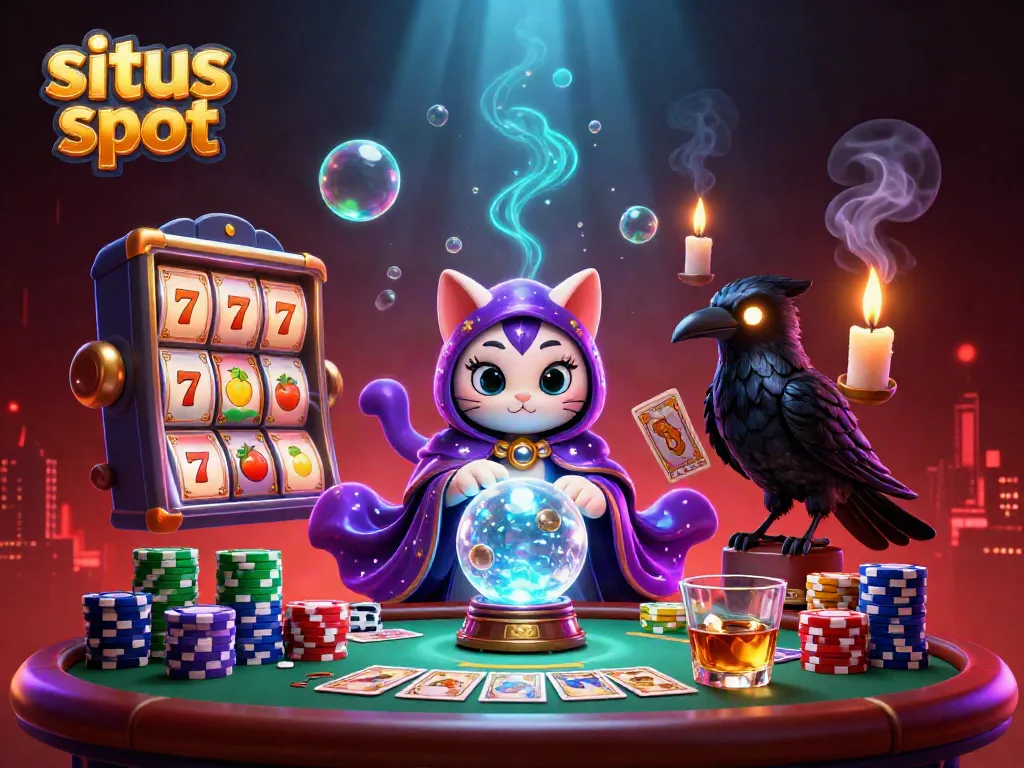 Ilustrasi 3D yang menampilkan situs slot dengan keberuntungan dari kucing mistik dan burung gagak, suasana menarik penuh keberuntungan.