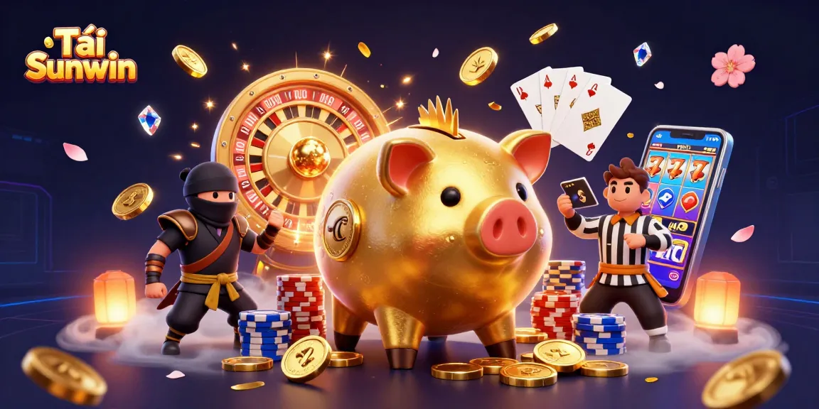 Tải Sunwin features a golden piggy bank sumo wrestler with coins flying in a vibrant casino scene.