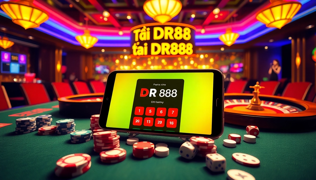 Tải DR88 app on digital interface with vibrant casino elements, showcasing excitement and professionalism.