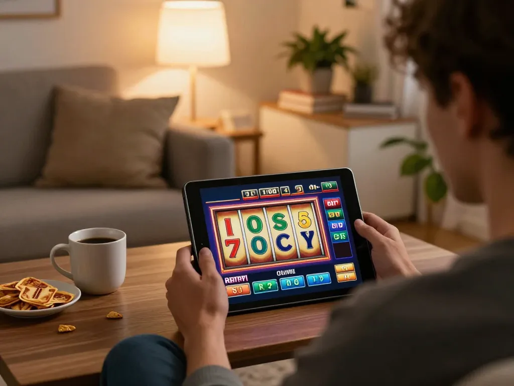 Player engaging in online slot gaming on tablet, focusing on slot depo 5k for better odds and strategy.