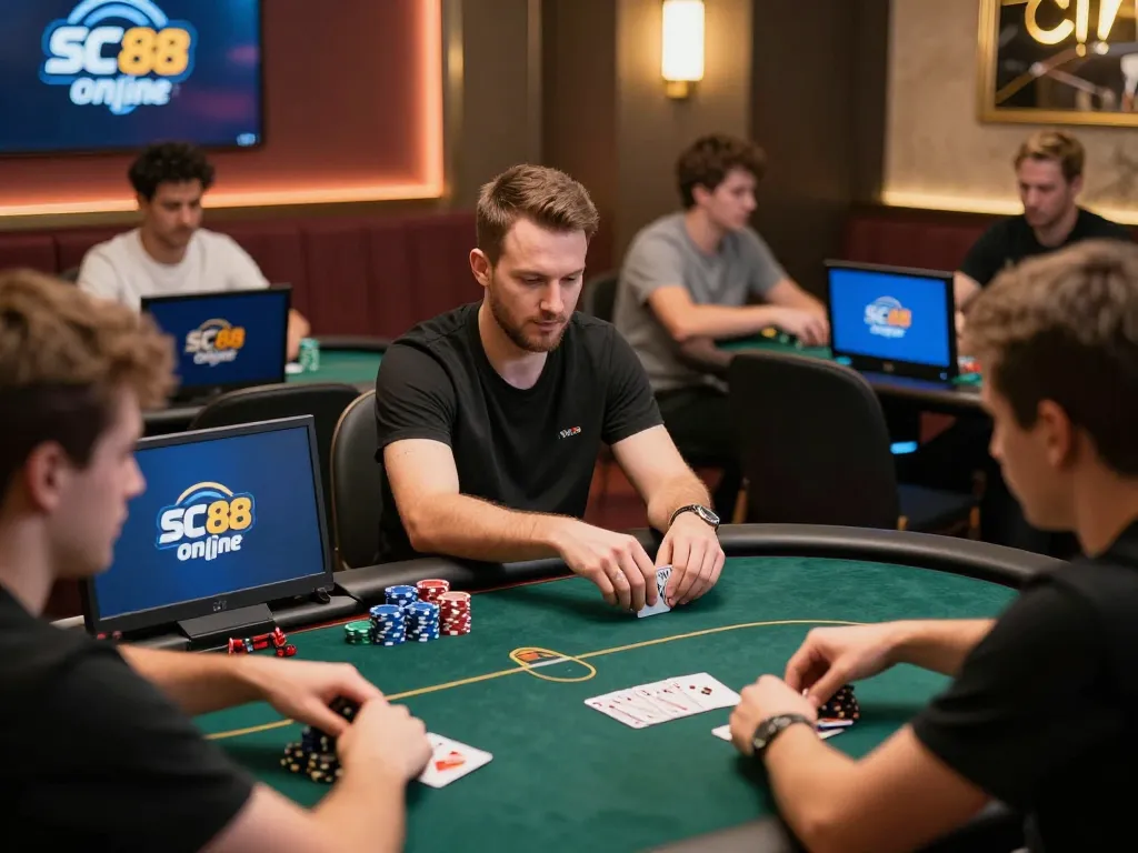 Players engaging in competitive online poker showcasing SC 88 branding, dynamic gaming atmosphere.