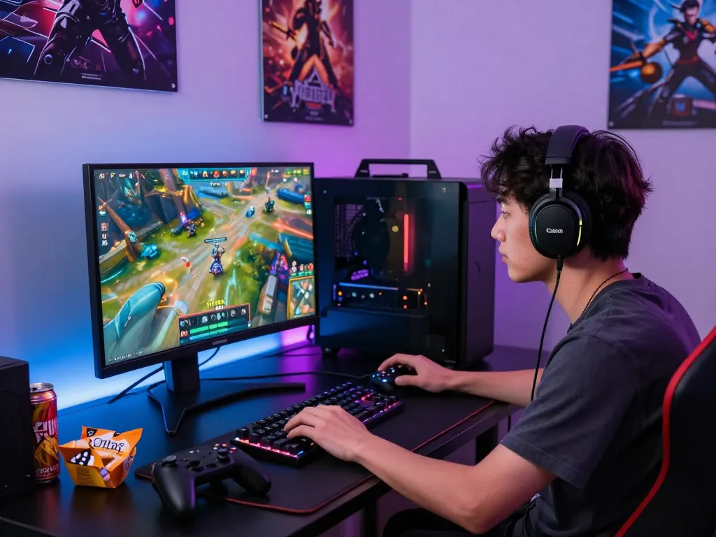Engaged gamer enjoying an exciting Panen178 online game on a vibrant setup.