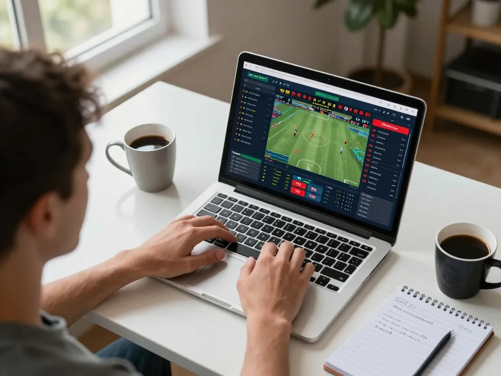 Engaging in sports betting online at home, using ทางเข้า m112 on a laptop.